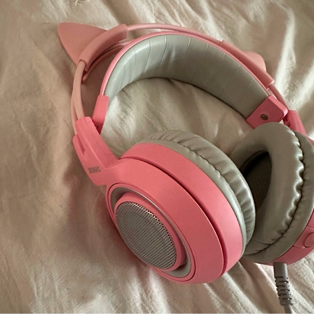 Pink and Gray Over-Ear Headphones with Cat Ears - Picture 2 of 9